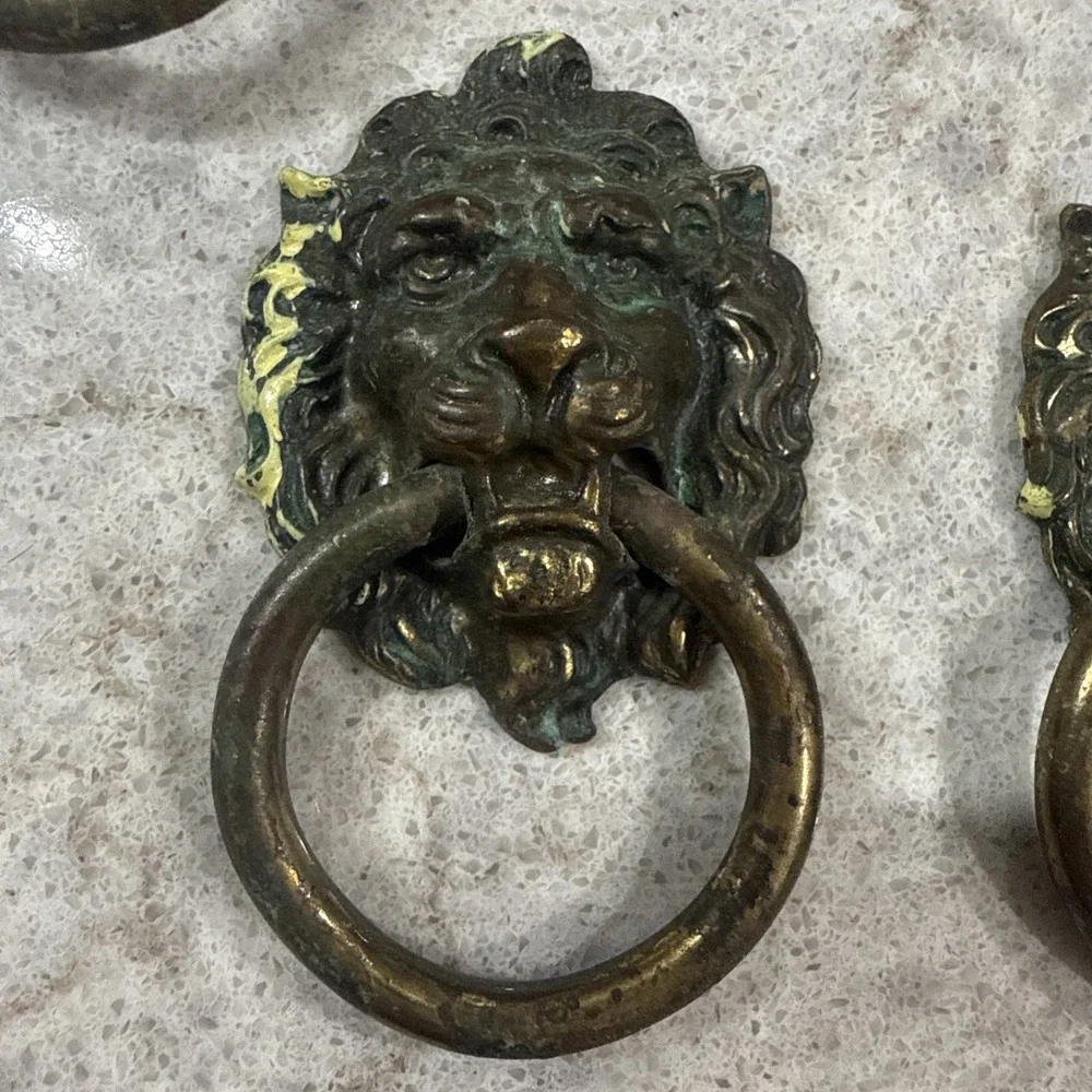 6 Vintage Brass Lion Head Dresser Chest Drawer Knob Cabinet Pull Patina 3D READ
